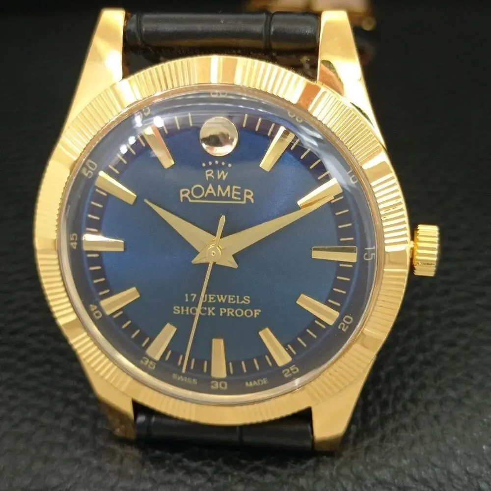 Vintage 1974 Roamer Manual Mens Gold Watch W/Leather Strap & Blue accents